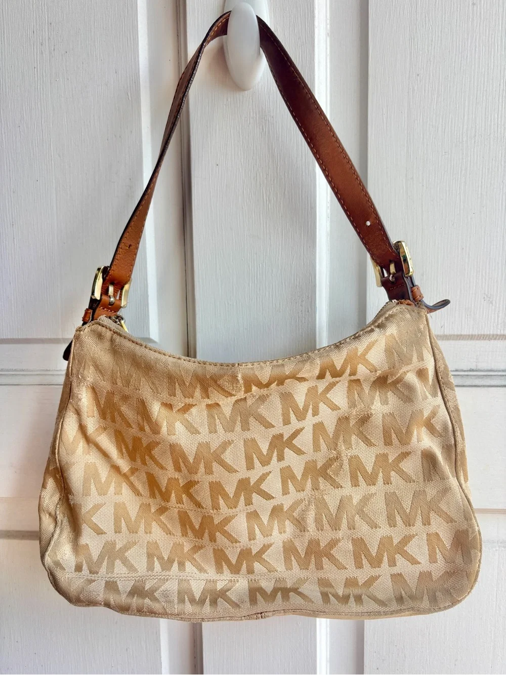 VTG Michael Kors Jacquard Logo Shoulder Bag Tan Y2K Canvas Leather Hobo Purse